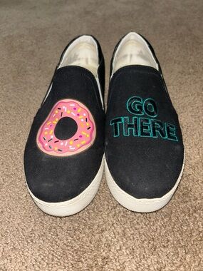 Circus by Sam Edelman Black Slip-On Sneakers with Pink Donut and Teal Embroidery
